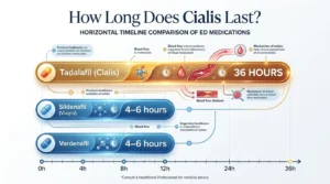Visual warning showing medications and conditions that contraindicate Cialis use