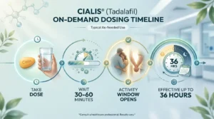 On-demand Cialis dosing timeline showing 30 to 60 minute wait before activity and 36 hour window