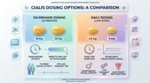 Cialis on-demand versus daily dosing comparison showing tablet strengths and timing