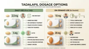 Tadalafil dosing strategies showing 2.5mg 5mg 10mg 20mg tablet strengths with use patterns