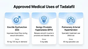 Infographic showing three medical uses of tadalafil: ED, BPH, and pulmonary hypertension