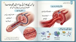 "How tadalafil works diagram showing nitric oxide cGMP PDE5 enzyme cascade with Urdu labels