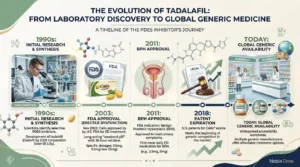 Tadalafil molecule structure and development timeline from 1990s to current generic availability