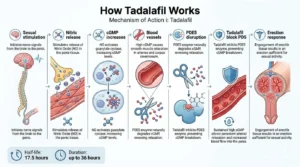 Diagram showing how tadalafil blocks PDE5 enzyme to improve blood flow