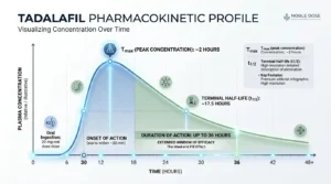 Tadalafil pharmacokinetics curve showing absorption peak 2 hours half-life 17.5 hours and 36 hour duration