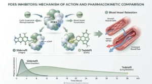 Tadalafil versus sildenafil molecular mechanism comparison showing PDE5 inhibition and pharmacokinetic differences