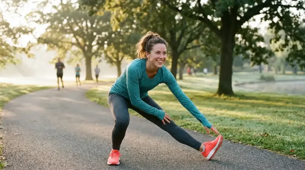 Woman stretching on a park path before a morning jog.