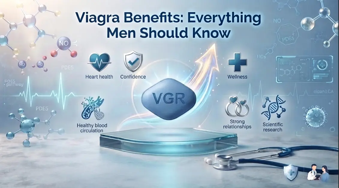 A promotional graphic explaining key viagra benefits for male health, featuring a blue pill, stethoscope, and medical icons.