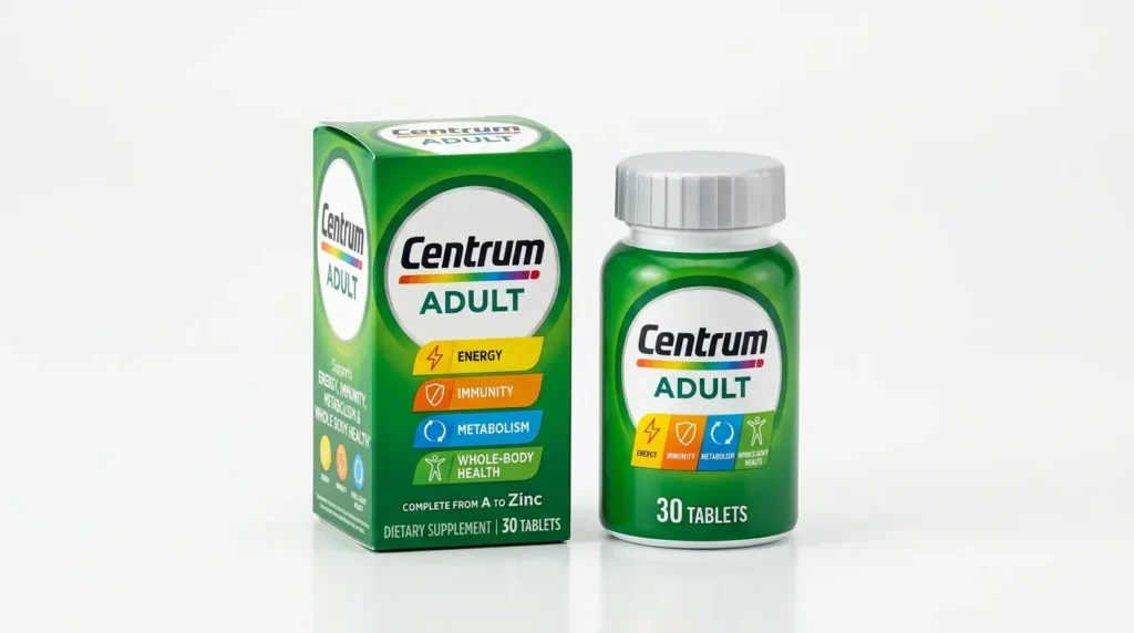 Centrum for Adults multivitamin box and 30-tablet bottle.