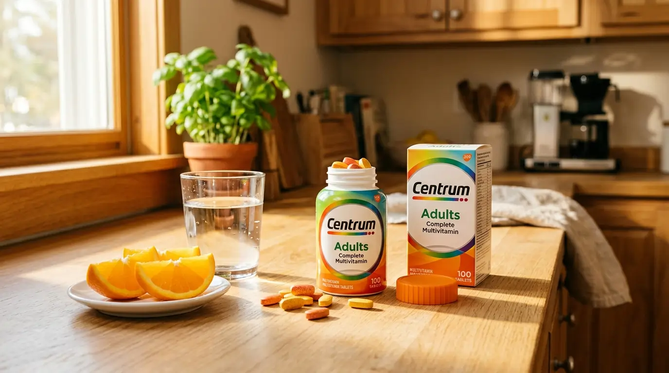 Centrum Adults multivitamin bottle and box with water and orange slices.