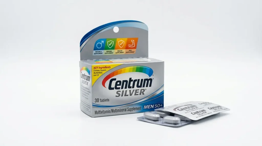 Centrum Silver Men 50+ multivitamin box with tablet packs.