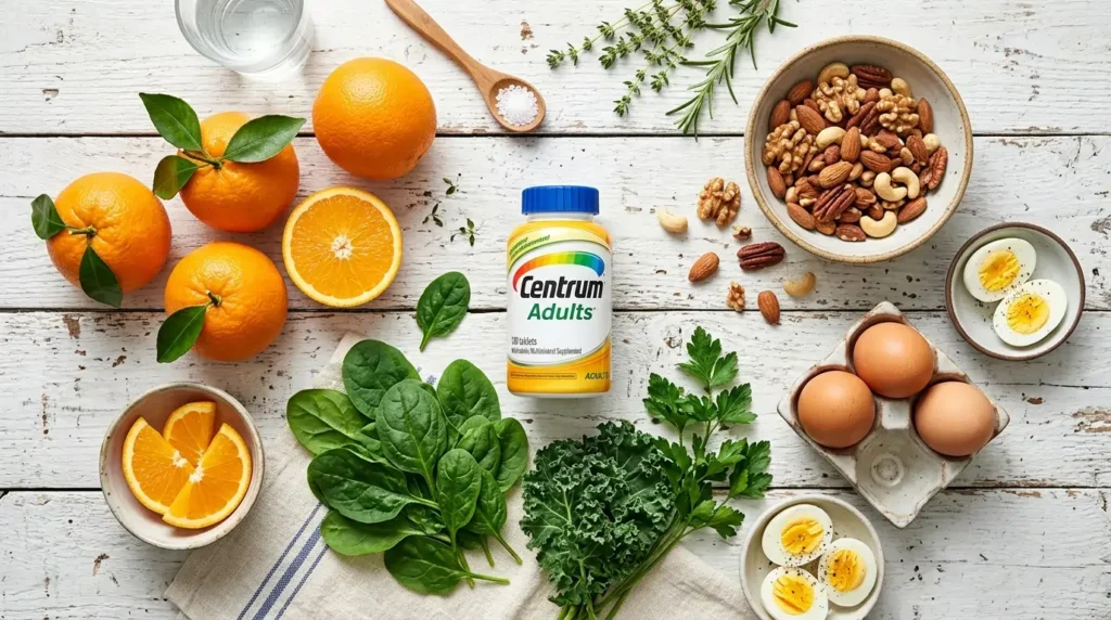 Centrum for Adults multivitamin surrounded by oranges, leafy greens, nuts and eggs.