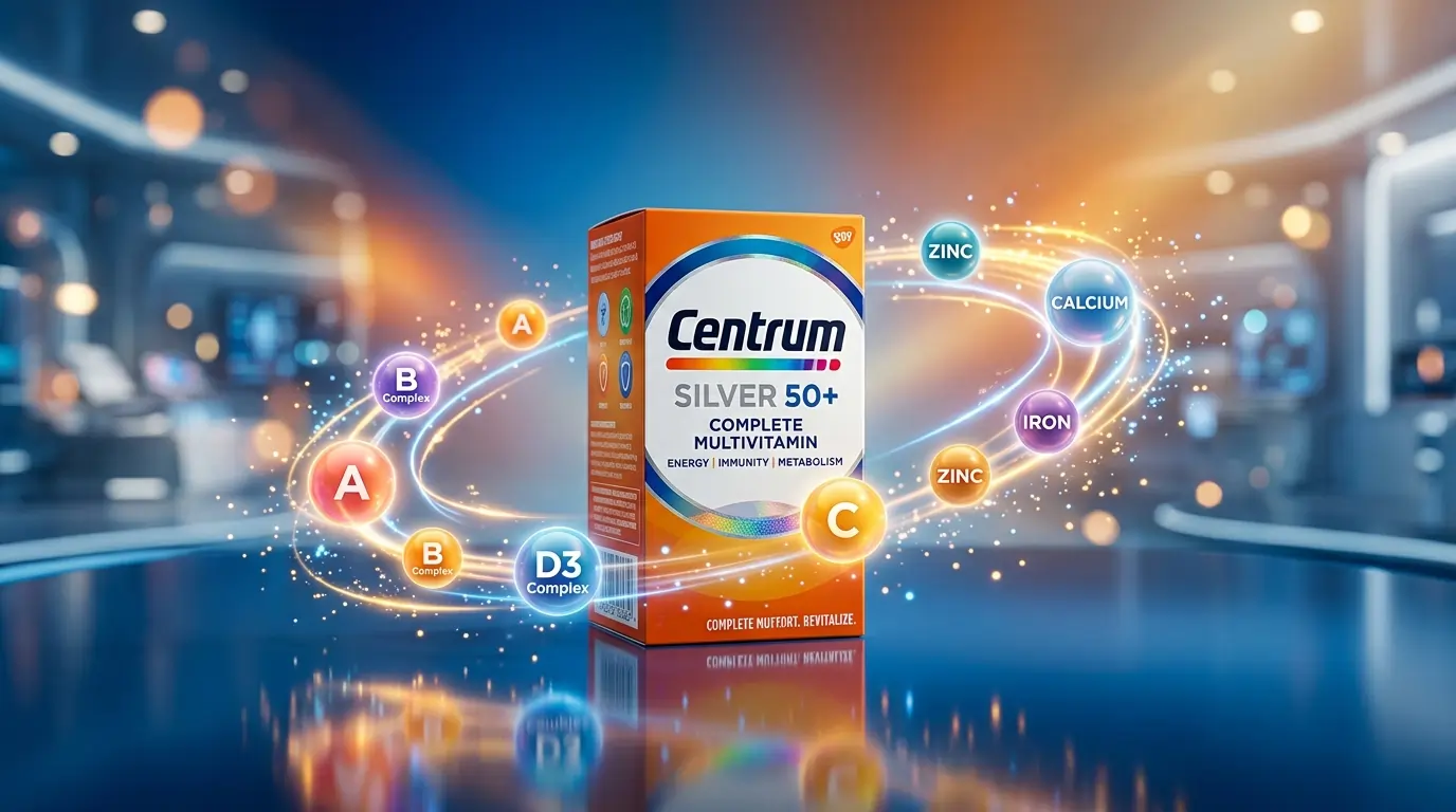Centrum Silver 50+ multivitamin box with vitamin icons.