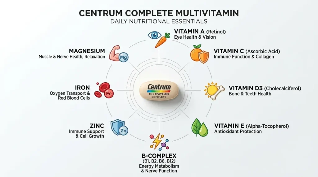 Centrum Multivitamin with key vitamins and their health benefits.