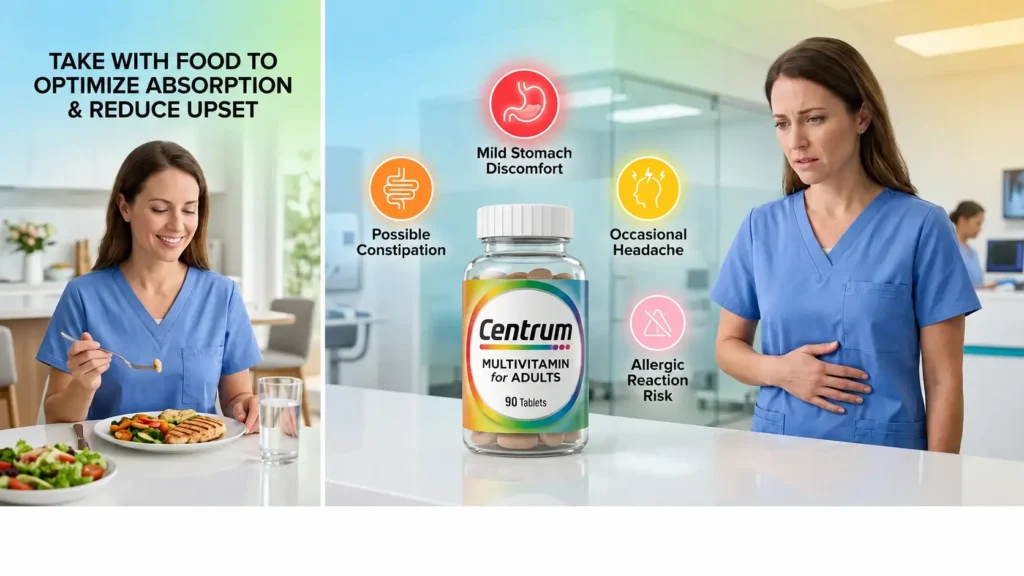 Centrum Multivitamin with possible side effects and advice to take with food.