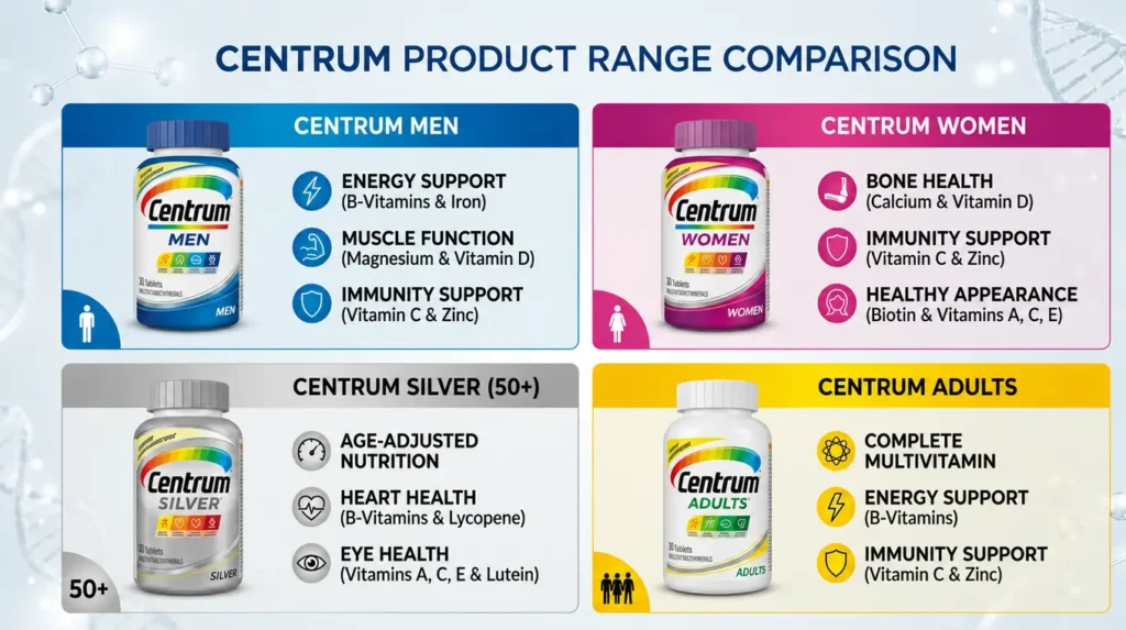 Comparison of Centrum Men, Women, Silver 50+, and Adults multivitamins.