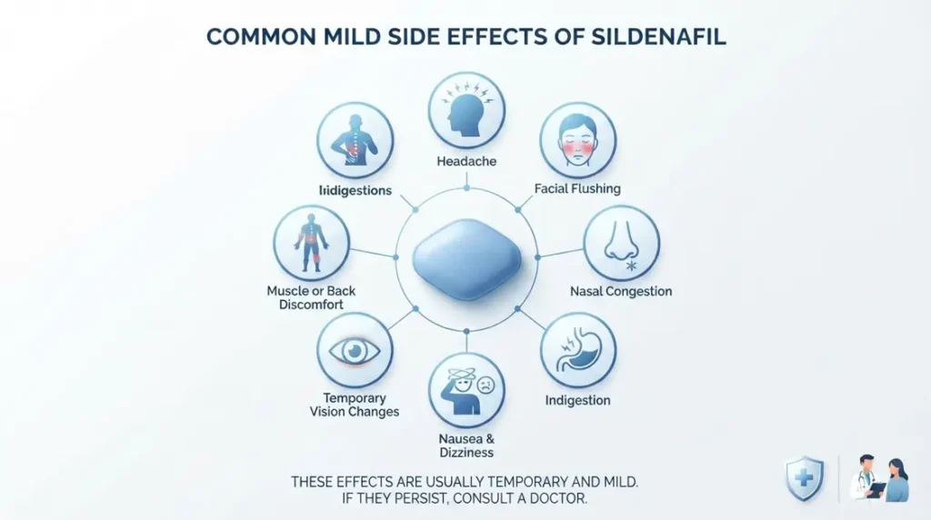 An infographic showcasing the common mild side effects of sildenafil, such as headache, facial flushing, and nasal congestion, arranged around a central blue pill.