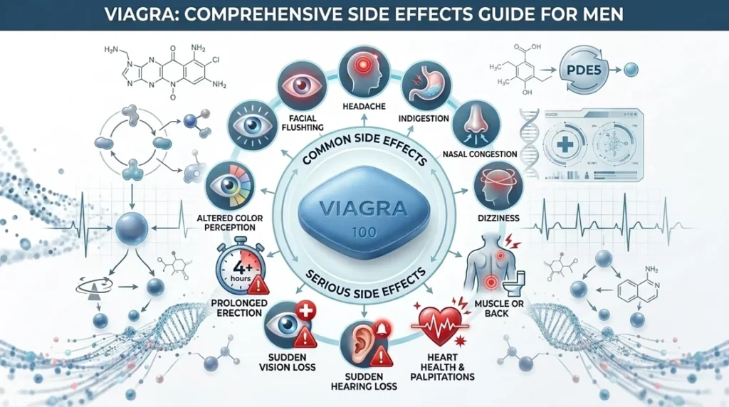 An infographic detailing common and serious Viagra side effects, including headache, flushing, and vision changes in men.