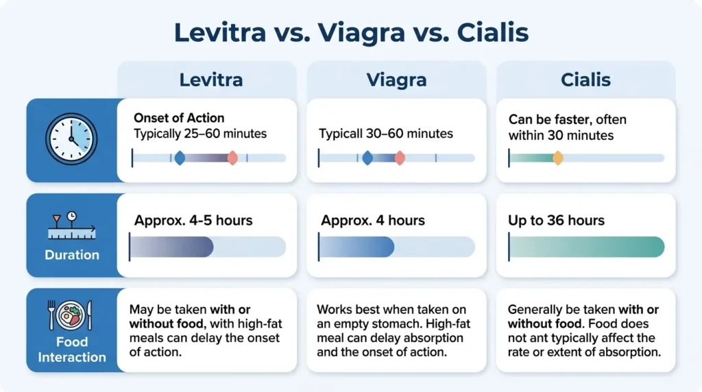 Comparison chart of Levitra, Viagra, and Cialis onset and duration