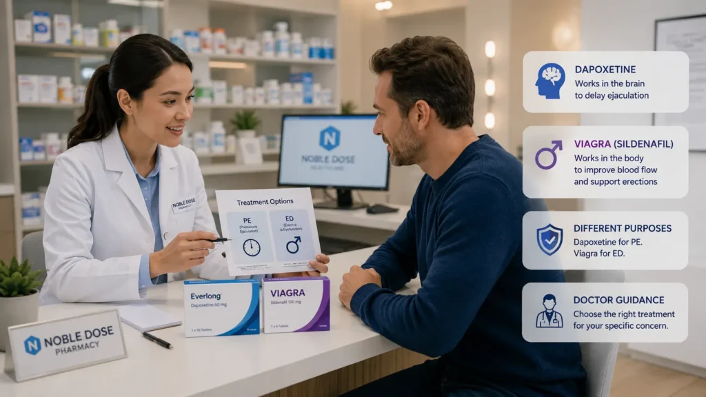 Dapoxetine vs Viagra explained by pharmacist showing PE and ED treatment options to patient.