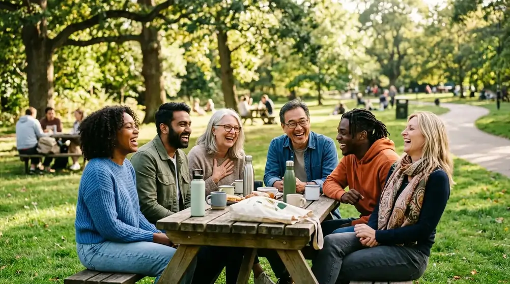 Diverse group of six adults laughing together at a wooden picnic table in a sunny park