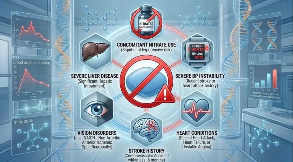 An infographic showing critical contraindications and safety warnings, explaining who should not take viagral and how Viagra works in relation to existing health conditions.