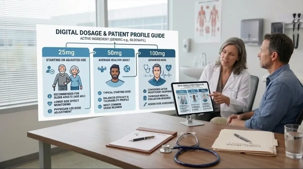 An infographic chart explaining how to use Viagra tablet, showing dosage guidelines of 25mg, 50mg, and 100mg with patient profiles.
