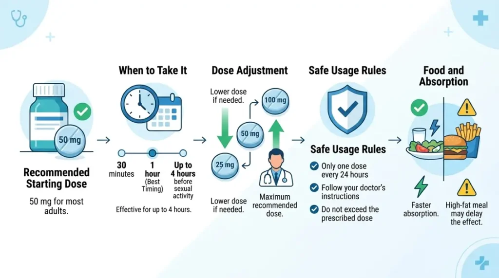 Infographic explaining dosage guidelines, timing, and safe sildenafil uses.