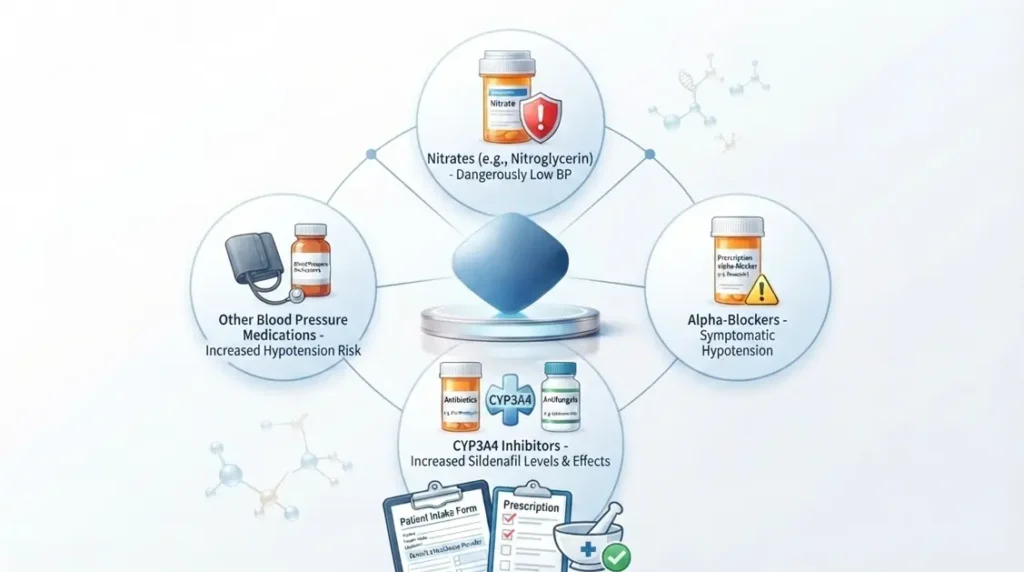 A detailed infographic showing the side effects of sildenafil with a blue pill and safety advice.