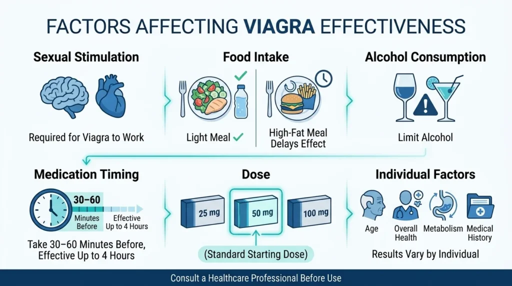 Infographic showing factors like food intake, alcohol, and timing that impact viagra tablet uses.