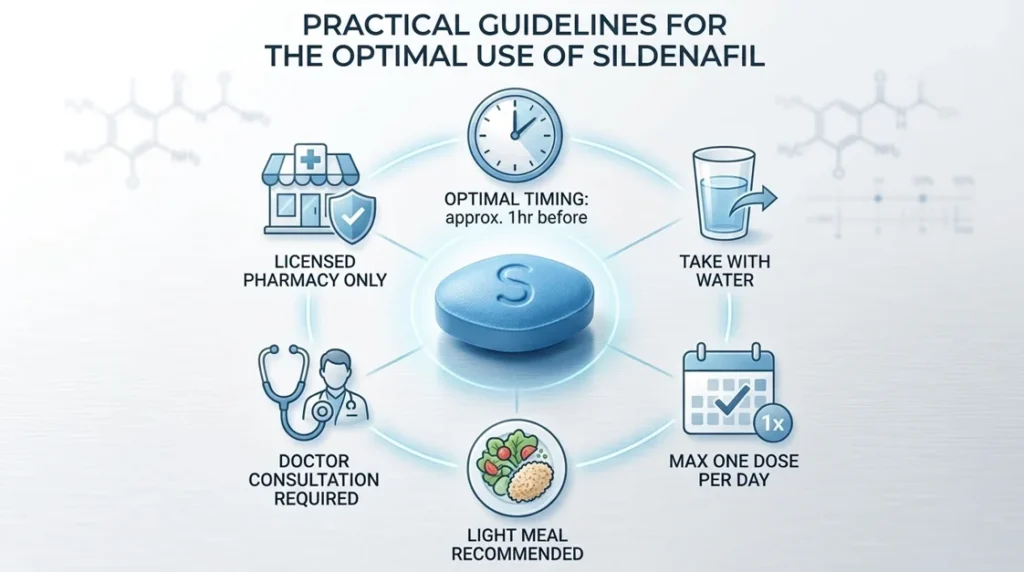 An infographic showing practical guidelines to minimize Viagra side effects, including dosage, timing, and hydration tips for men.