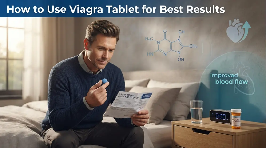A man reading a prescription instruction leaflet on how to use Viagra tablet correctly, holding a pill in his hand.