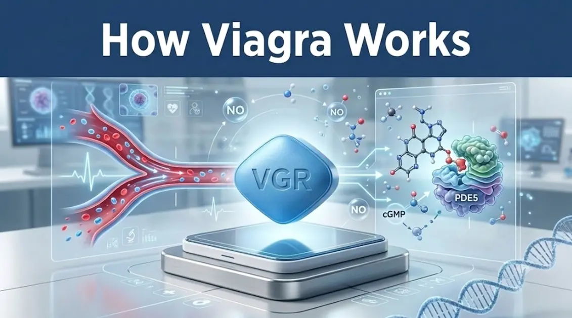 An infographic illustrating how Viagra works in the body to improve blood flow.