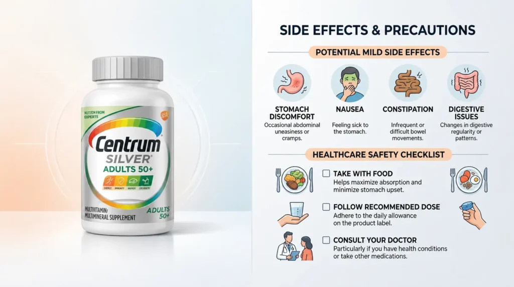 Centrum Silver infographic showing side effects and safety precautions