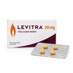 Levitra 20mg film-coated tablets box with four tablets in a blister pack on a white background.