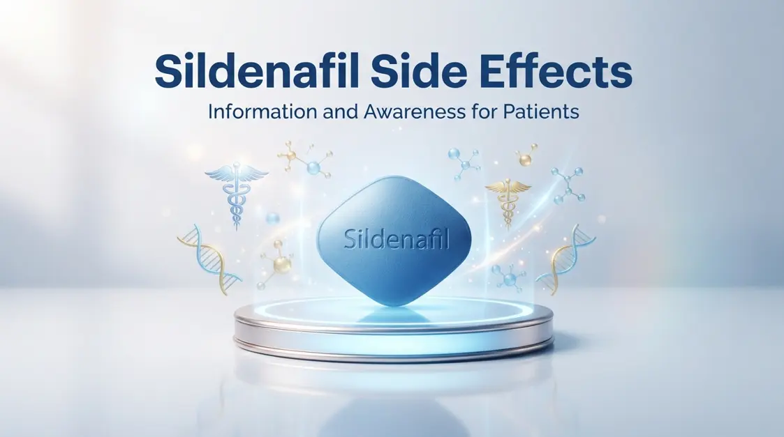 An informative graphic detailing sildenafil side effects with a blue pill on a pedestal and safety guidelines.