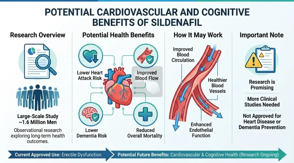 Infographic showing the potential cardiovascular and cognitive health benefits of sildenafil uses.