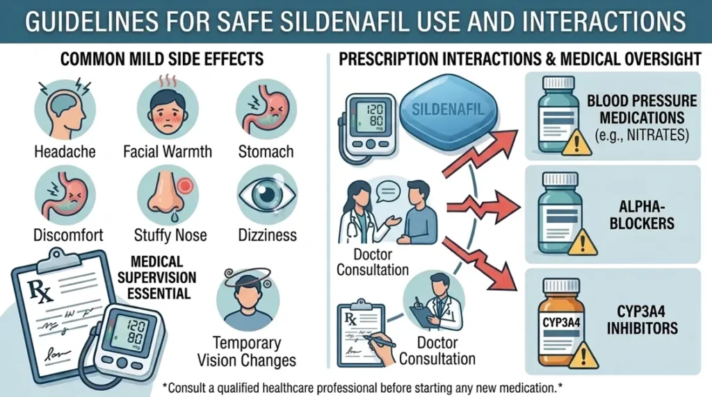 Infographic showing precautions and guidelines for safe sildenafil uses.