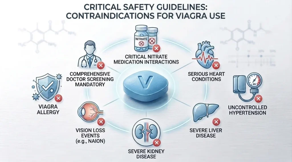 An infographic detailing critical safety guidelines and contraindications to prevent severe Viagra side effects in men.