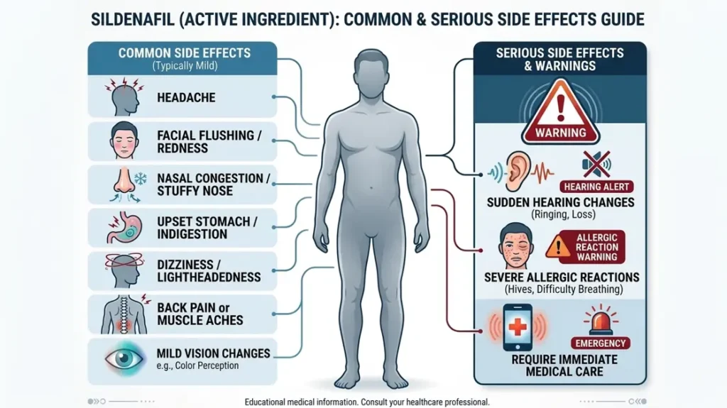 An infographic showing common and serious side effects of sildenafil, helping readers understand how to use Viagra tablet safely.