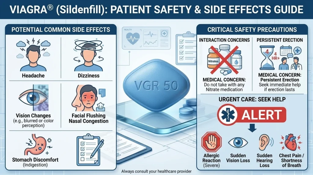 An infographic detailing the side effects and critical safety warnings of a Viagra tablet, including dosage, interactions, and urgent care symptoms.