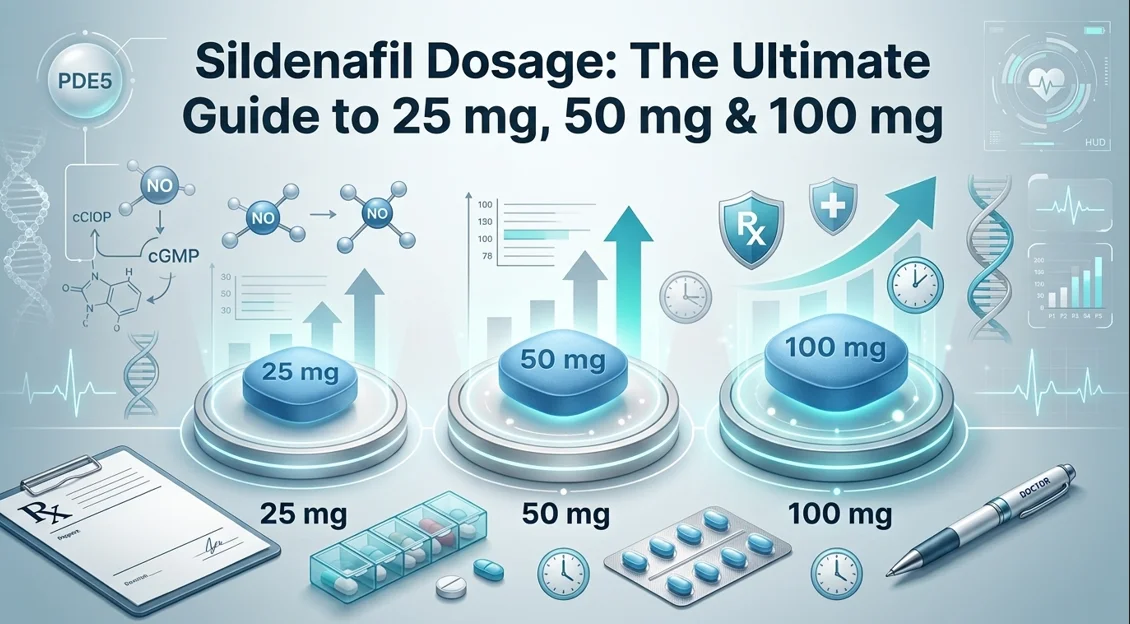 A comparison chart illustrating different sildenafil dosage strengths: 25 mg, 50 mg, and 100 mg.
