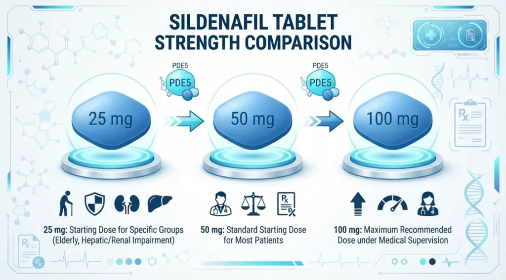 Sildenafil is manufactured in three standard tablet strengths:25 mg: Typically used for patients who are more sensitive to the medication, older adults, or those with certain medical conditions requiring a lower starting dose. 50 mg: The standard starting dose for most patients. 100 mg: The maximum recommended dose for patients who do not achieve an adequate response with lower strengths. The right Sildenafil dosage varies from person to person and depends on factors such as age, overall health, underlying medical conditions, other medications, and individual response to treatment.
