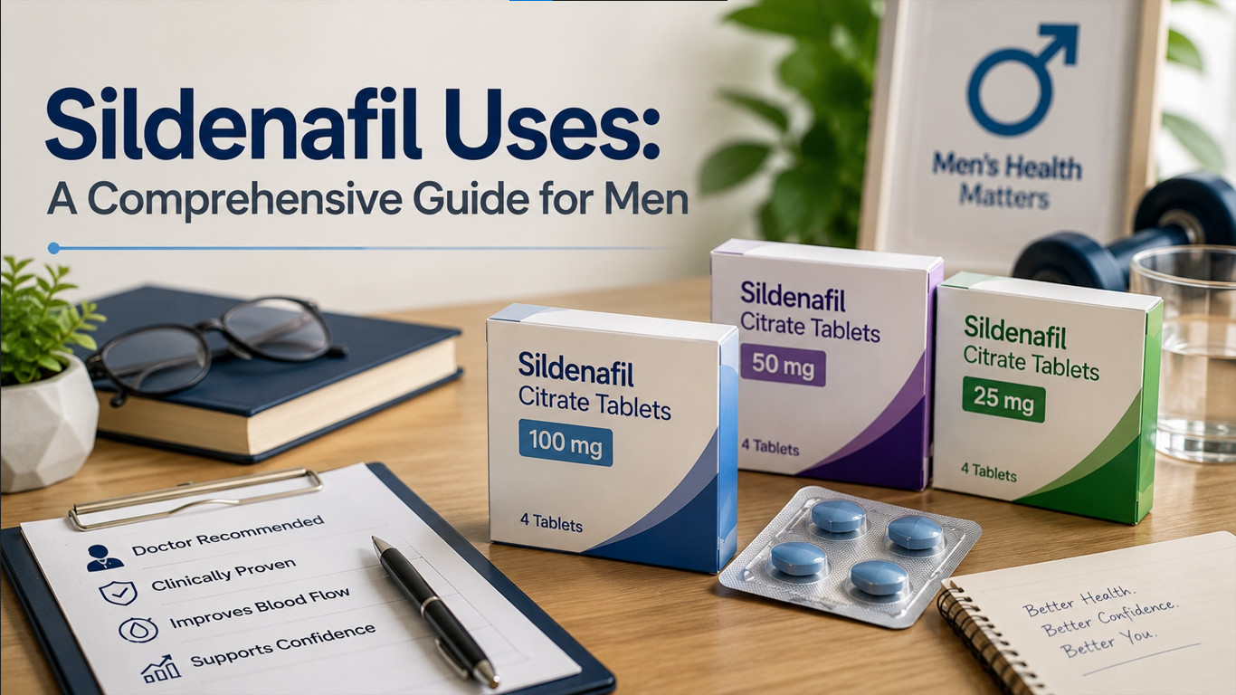 A medical guide and medication packaging showing common sildenafil uses for men's health.