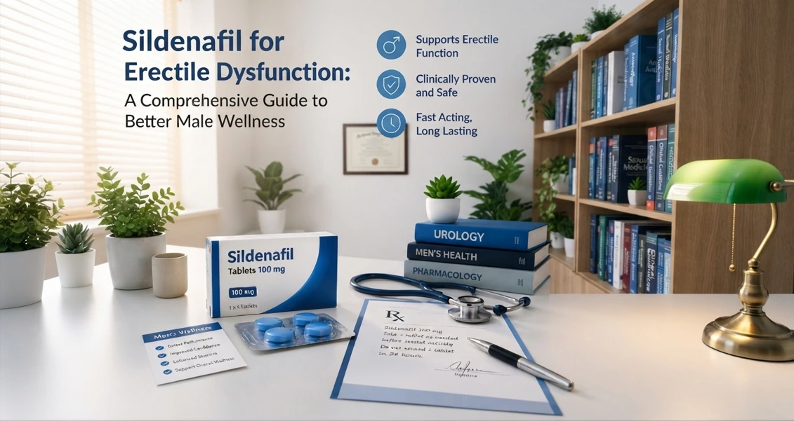 A box of Sildenafil tablets placed next to a stethoscope and a medical prescription pad, representing a Sildenafil tablet as a treatment for erectile dysfunction.