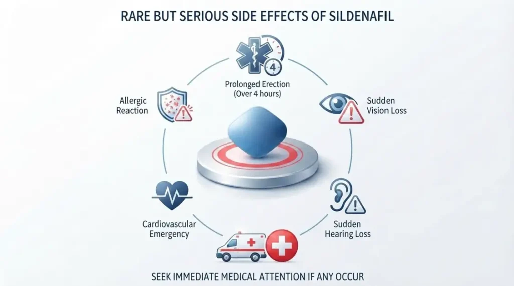 An infographic highlighting rare but serious sildenafil side effects, including priapism, sudden vision loss, and cardiovascular emergencies.