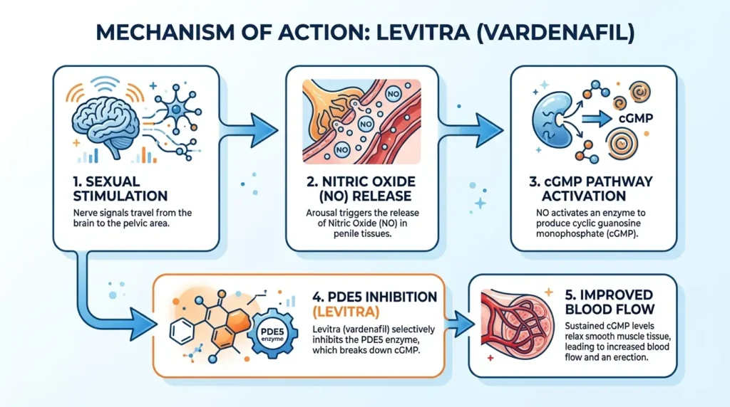 Step-by-step flowchart of how vardenafil works in the body