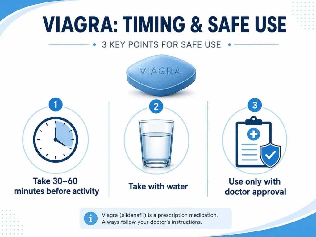 An infographic illustrating three key points for the safe use of a Viagra tablet, including timing, taking it with water, and doctor approval.