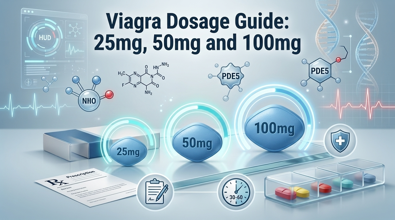 An infographic displaying three blue pills representing different Viagra dosage options including 25mg, 50mg, and 100mg.