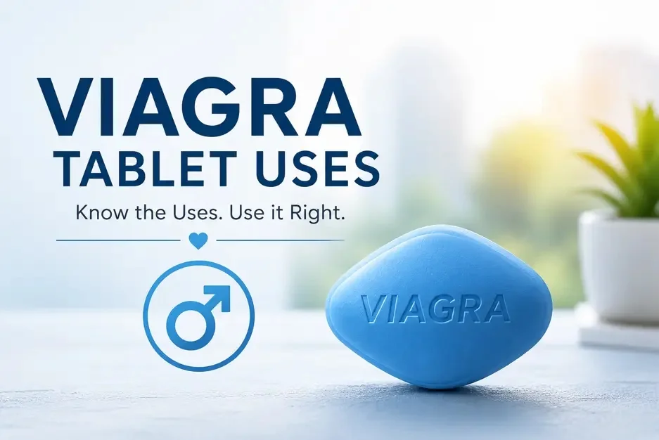 A blue Viagra pill featuring the text "Viagra Tablet Uses" with a male health symbol.